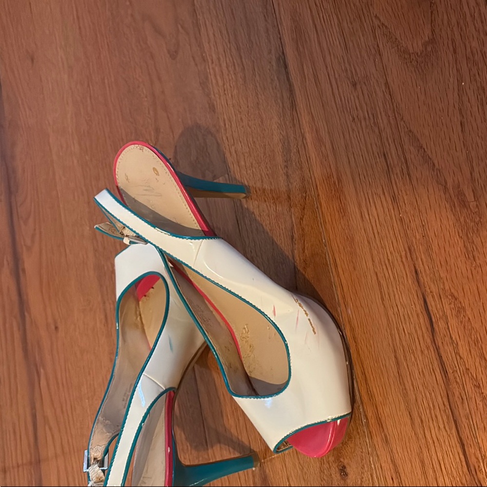 Elegant White and Blue High-Heeled Slingbacks